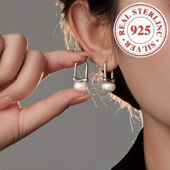 925 Sterling Silver Faux Pearl Earrings - Picture 2 of 2